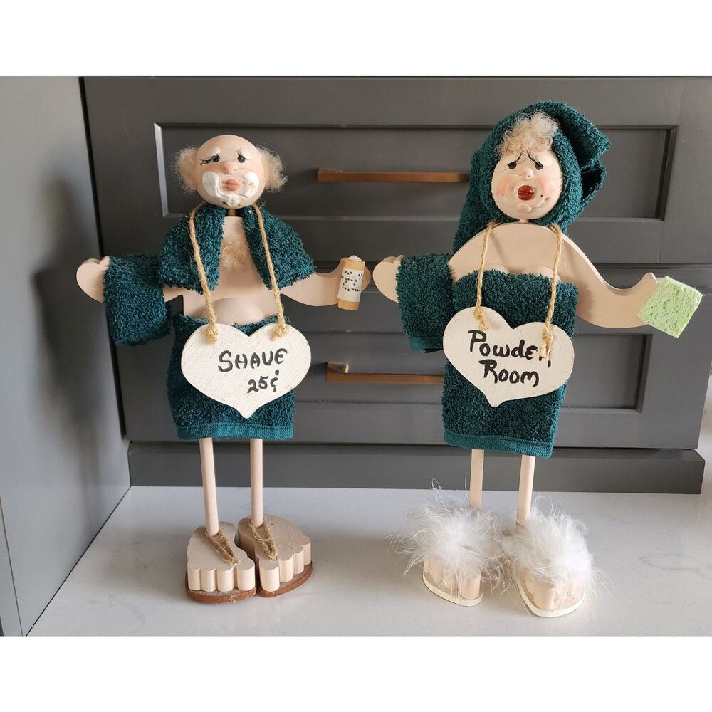 Handcrafted Whimsical  Wooden His & Hers Bathroom Buddy Dolls RARE Vintage